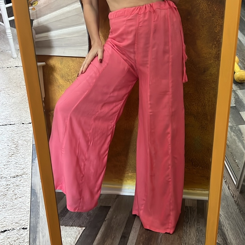 Wide leg pants pink high rise adjustable waist palazzo lightweight full length - Picture 13 of 13